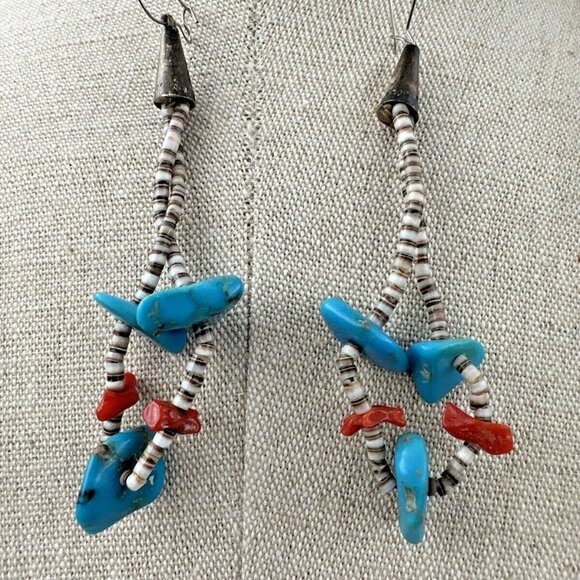 Vintage Navajo Necklace Earrings SET Turquoise Coral Nuggets & Shells 3 Strands - Picture 3 of 11